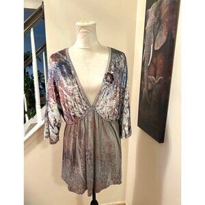 Womens Vintage Velvet Floral Print Tunic Top V-Neck Babydoll Y2k Gold Tint 2XL